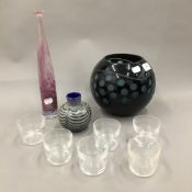 Three coloured Art glass vases and drinking glasses