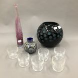 Three coloured Art glass vases and drinking glasses