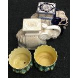 Two ceramic elephants and a pair of Majolica jardinieres