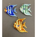 Three Chinese silver and enamel fish pendants