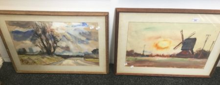 JEAN ALEXANDER, The Harbour and Stormy Skies Constable Country, watercolours,