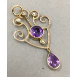 An Edwardian 9 ct rose gold amethyst and seed pearl La Vella drop pendant