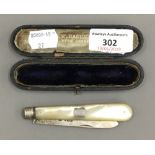 A cased mother-of-pearl handled silver fruit knife