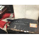 A Victorian Naval trunk, containing maps, photos, flag and desk cannon. The trunk inscribed R. Wace.