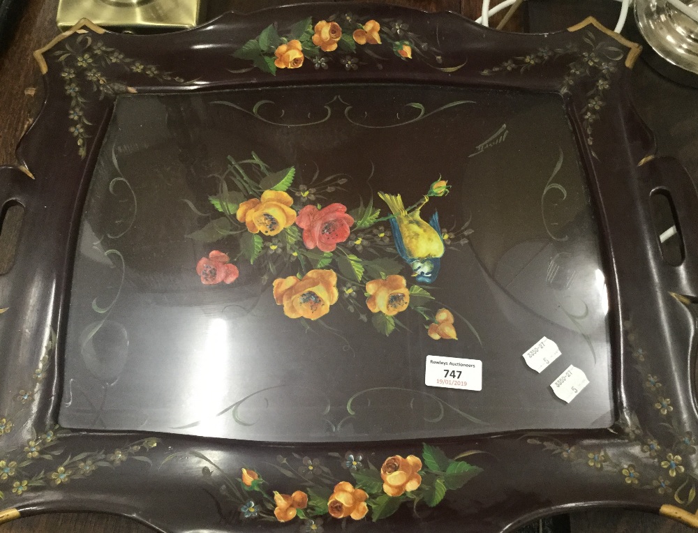 A floral painted lacquered tray