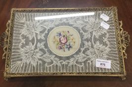 A small lace and cross stitch glazed tray/table stand