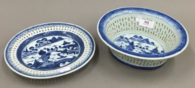 A 19th century Chinese blue and white reticulated bowl on stand