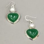 A pair of silver and jade heart earrings