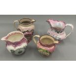Four 19th century pink lustre vases,