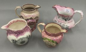 Four 19th century pink lustre vases,