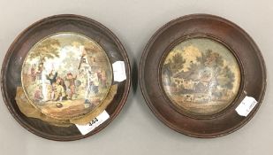 Two Prattware pot lids, The Residence of Anne Hathaway and another of Peasants Making Merry,