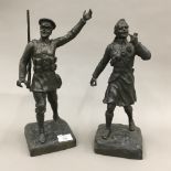An unusual pair of spelter figures of two WWI soldiers one English,