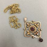 An unmarked Edwardian gem set pendant and a 9 ct gold chain (A/F) (4 grammes total weight)