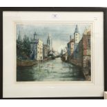 CONTINENTAL SCHOOL (19th century), An Urban Waterway, aquatint etching, signed,