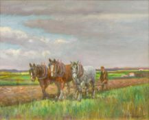 GEOFFREY MORTIMER (1895-1986) British (AR) The Ploughing Team Oil on board, signed, framed. 26.