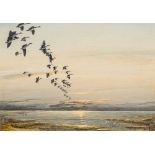 After PETER SCOTT (1909-1989) British (AR) Ducks in Flight at Sunset Oil on board, bears signature,