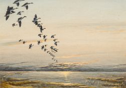 After PETER SCOTT (1909-1989) British (AR) Ducks in Flight at Sunset Oil on board, bears signature,