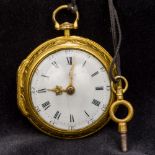 An 18th century pair cased pocket watch The outer case embossed with classical figures amongst