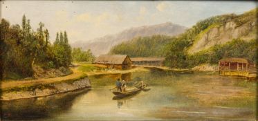 C TICCINO (19th century) Italian Figures Boating in Italian Mountainous Lake Scene Landscapes Oils