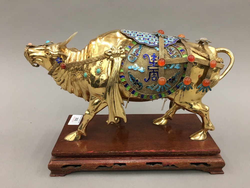 A Chinese Republic period 925 silver and gold washed figure of an ox Finely adorned with coloured - Image 4 of 8