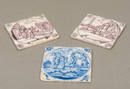 Three 18th century Delft tiles Worked with religious scenes in manganese and blue. 13 cm wide.