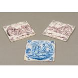 Three 18th century Delft tiles Worked with religious scenes in manganese and blue. 13 cm wide.