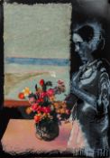 MILLER (20th/21st century) (AR) Figure and Flowers Before an Open Window Mixed media and collage,