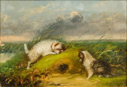 T LANGLOIS (19th century) British Terriers by a Rabbit Hole Oil on canvas, signed, framed. 34.