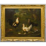 Attributed to LOUIS HUBNER (1694-1769) German A Duckwing Game Cock, Hens and Chicks in a Farm,