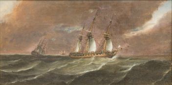 Attributed to THOMAS WHITCOMBE (1752-1824) British Shipping in Choppy Waters Oil on board, framed.