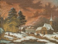 GERMAN SCHOOL (19th century) Figures in a Snowy Townscape Oil on canvas laid down, framed. 22.