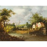 ENGLISH SCHOOL (19th century) Figures Before Cottages in Rural River Landscapes Oils on canvas,