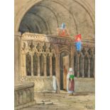 R ARNOLD (19th century) British Continental Figure in a Cathedral Interior Watercolour heightened