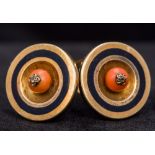 A pair of Victorian 9 ct gold and enamel diamond and coral set earrings Each of target form.
