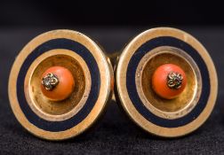 A pair of Victorian 9 ct gold and enamel diamond and coral set earrings Each of target form.