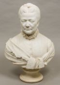 A 19th century carved marble bust Possibly carved as Queen Victoria, mounted on a turned socle base.