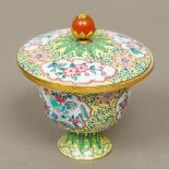 A Chinese Canton enamel stem cup and cover Finely painted with cockerel panels interspersed with