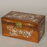 A 19th century Chinese mother-of-pearl inlaid wooden (possibly hongmu) box The hinged rectangular