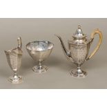 A George III silver three piece tea set, possibly hallmarked for Exeter 1774,