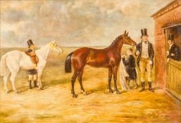 ENGLISH SCHOOL (19th century) Gentlemen with Horses and Groom Before a Stable Oil on card, framed.