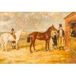 ENGLISH SCHOOL (19th century) Gentlemen with Horses and Groom Before a Stable Oil on card, framed.