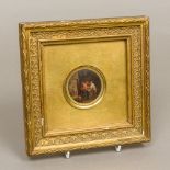 A 19th century Continental miniature Worked with figures in a tavern, oils, framed and glazed.