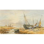 ENGLISH SCHOOL (19th century) Unloading the Catch at Low Tide Watercolour heightened with