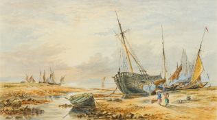 ENGLISH SCHOOL (19th century) Unloading the Catch at Low Tide Watercolour heightened with