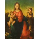 After RAPHAEL (1483-1520) Italian Virgin and Child with John the Baptist Oil on canvas, framed.