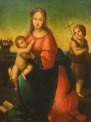 After RAPHAEL (1483-1520) Italian Virgin and Child with John the Baptist Oil on canvas, framed.