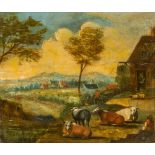 CONTINENTAL SCHOOL (18th century) Herdsmen and Cattle at Rest Before a Tavern Oil on canvas, framed.