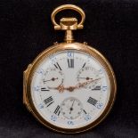 A 19th century French 18K gold cased multi-dial pocket watch The white enamelled dial with Arabic