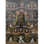 A hand painted Tibetan thanka Typically worked, framed and glazed. 49.5 x 67 cm.
