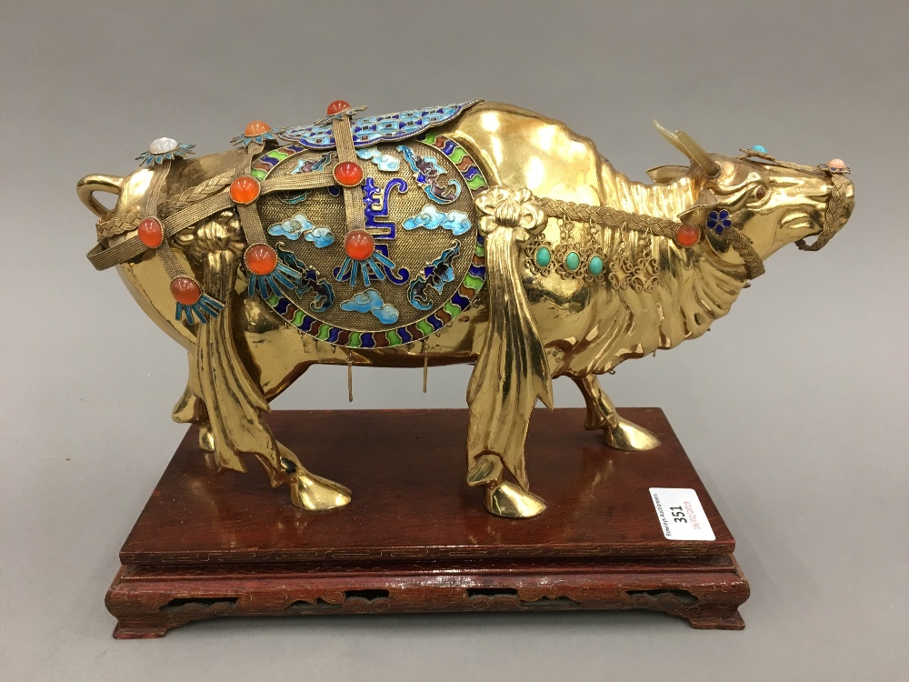 A Chinese Republic period 925 silver and gold washed figure of an ox Finely adorned with coloured - Image 2 of 8